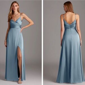 Azazie Dusty Blue‎ A-Line V-Neck Pleated Stretch Satin Dress